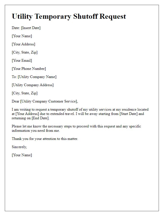 Letter template of utility temporary shutoff request for extended travel