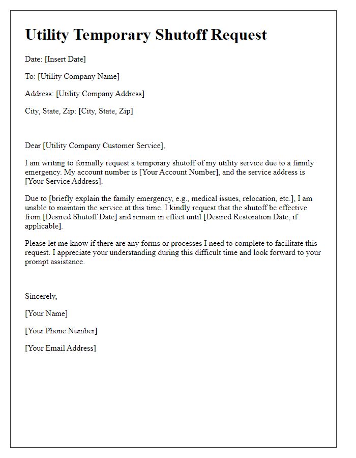 Letter template of utility temporary shutoff request for family emergency