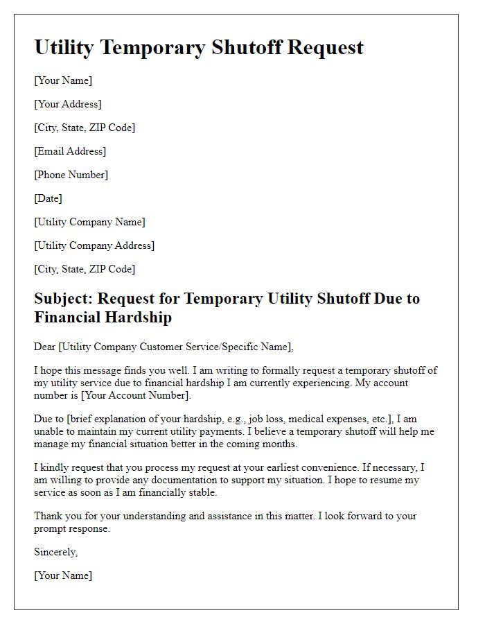 Letter template of utility temporary shutoff request for financial hardship