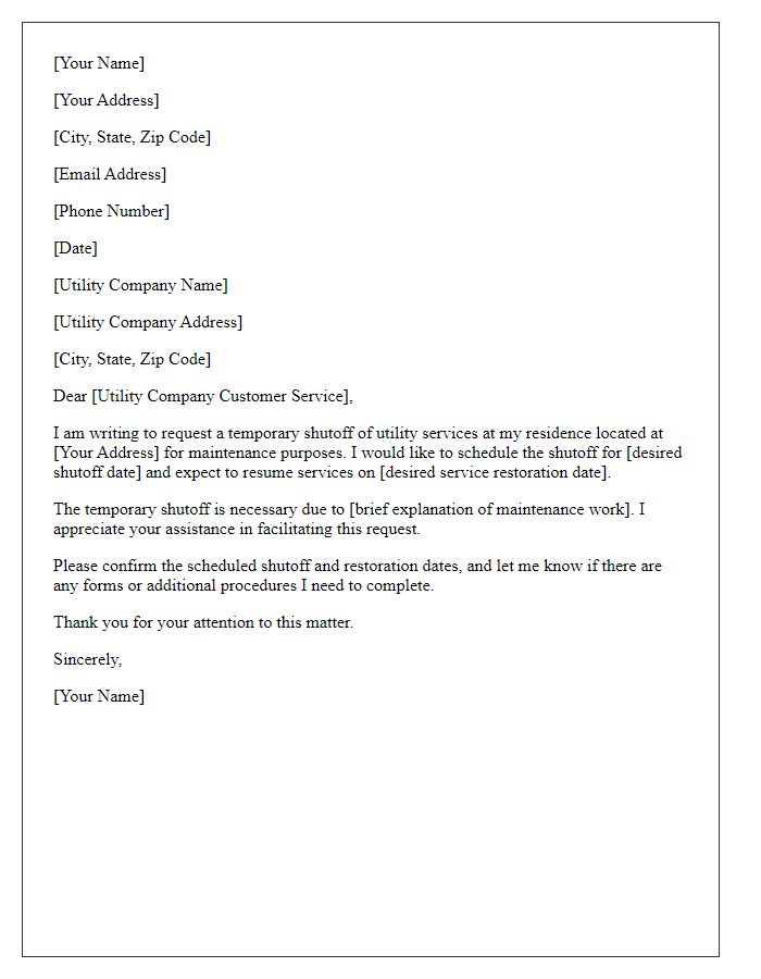 Letter template of utility temporary shutoff request for maintenance