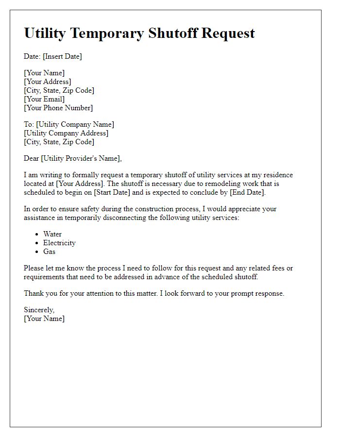 Letter template of utility temporary shutoff request for residential remodeling