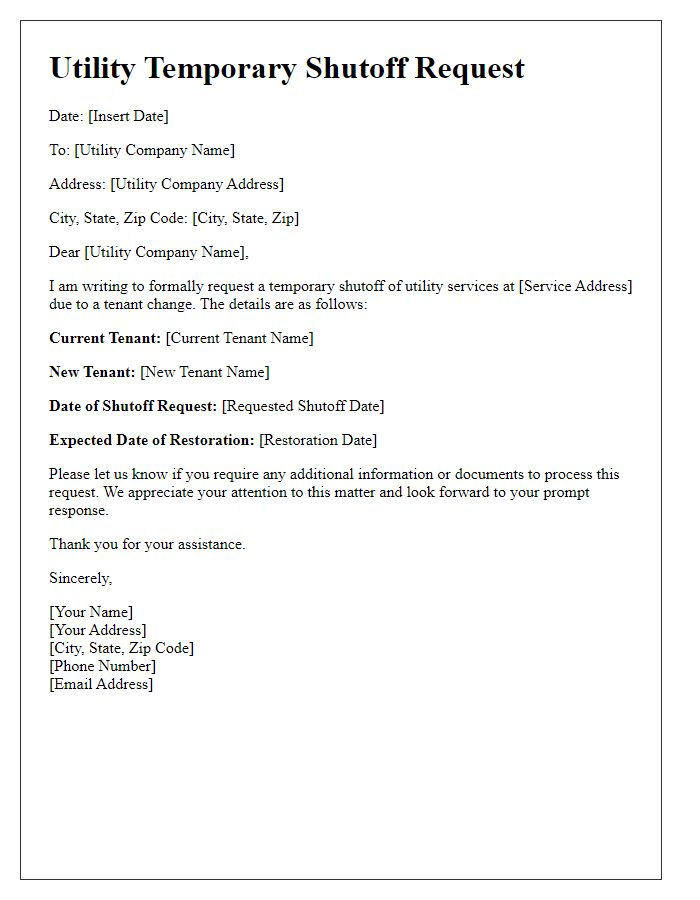 Letter template of utility temporary shutoff request for tenant change