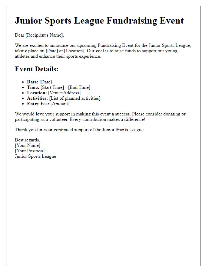 Letter template of junior sports league fundraising event details