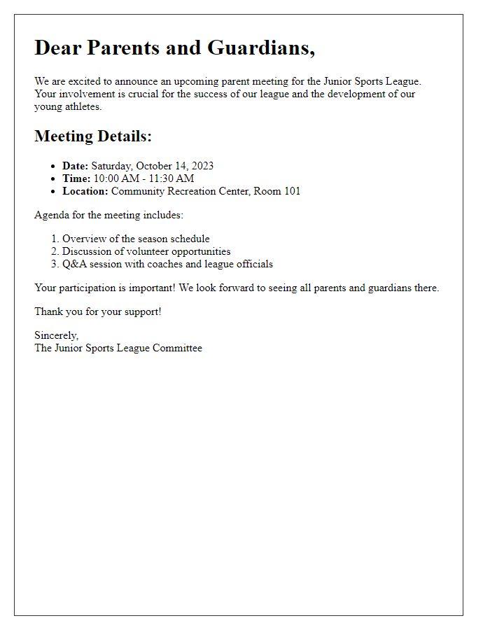 Letter template of junior sports league parent meeting announcement