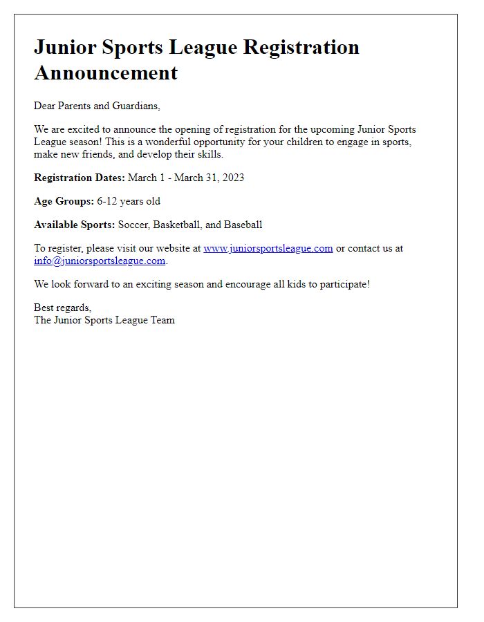 Letter template of junior sports league registration announcement