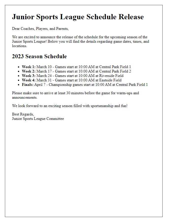 Letter template of junior sports league schedule release
