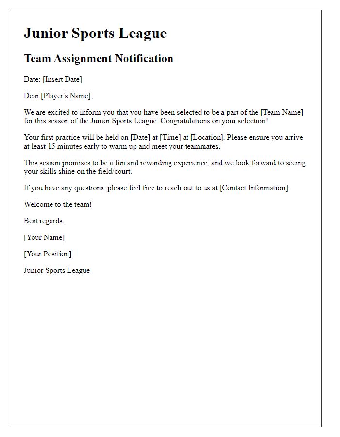 Letter template of junior sports league team assignment notification