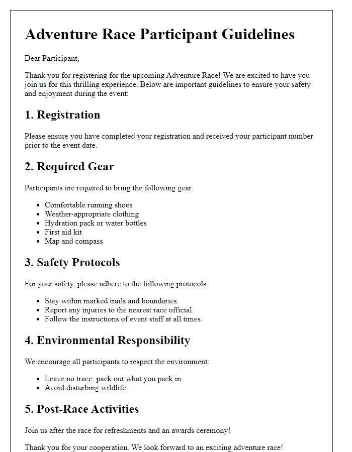 Letter template of adventure race participant guidelines