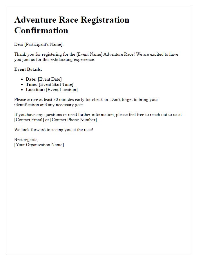 Letter template of adventure race registration confirmation