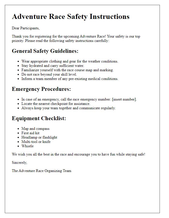 Letter template of adventure race safety instructions