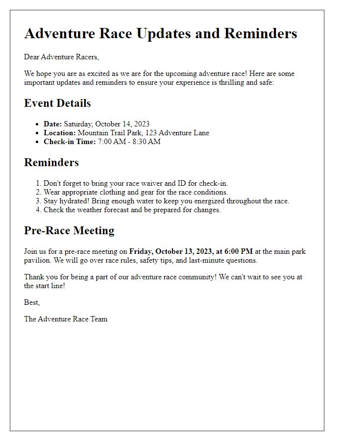 Letter template of adventure race updates and reminders