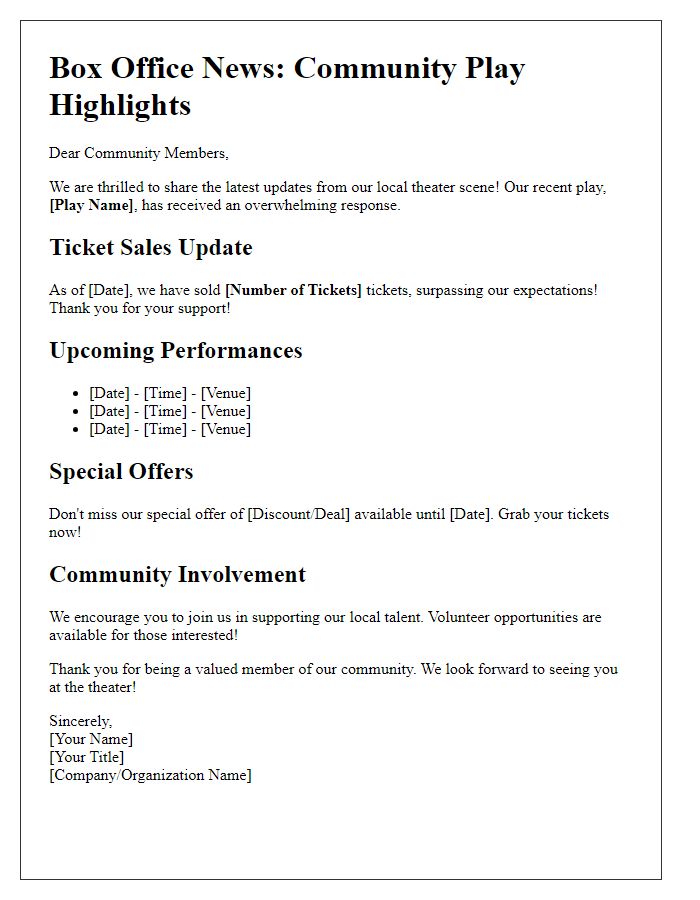 Letter template of box office news for community plays