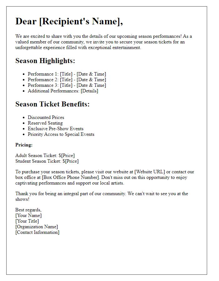 Letter template of season ticket information for local performances