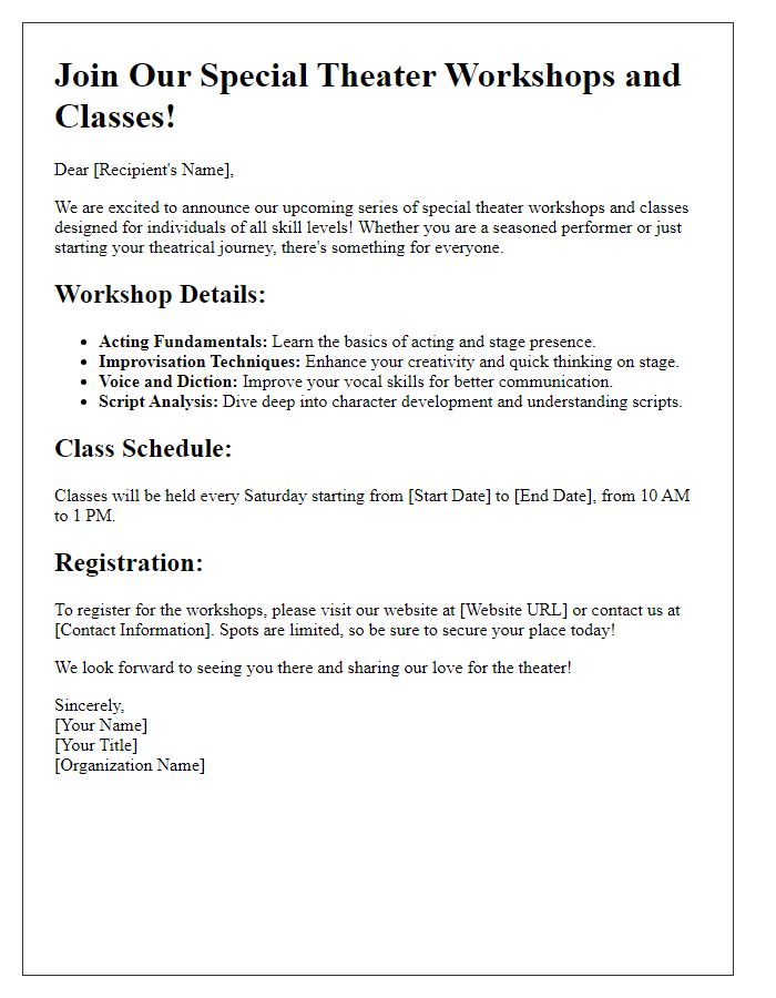 Letter template of special theater workshops and classes