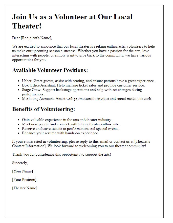 Letter template of volunteer opportunities at local theater