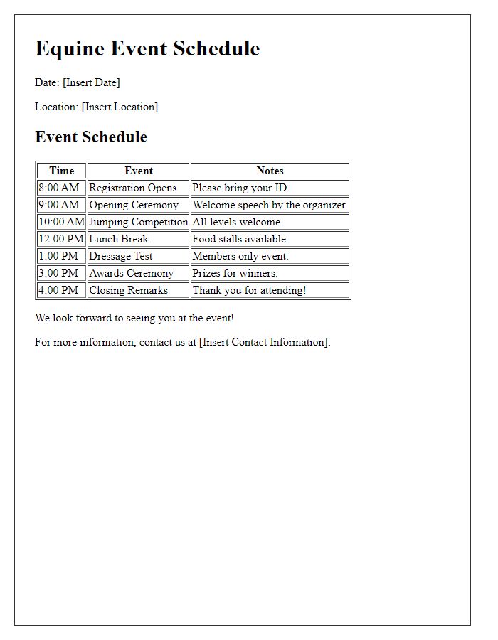 Letter template of equine event schedules