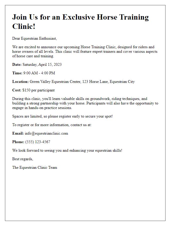 Letter template of horse training clinic announcements