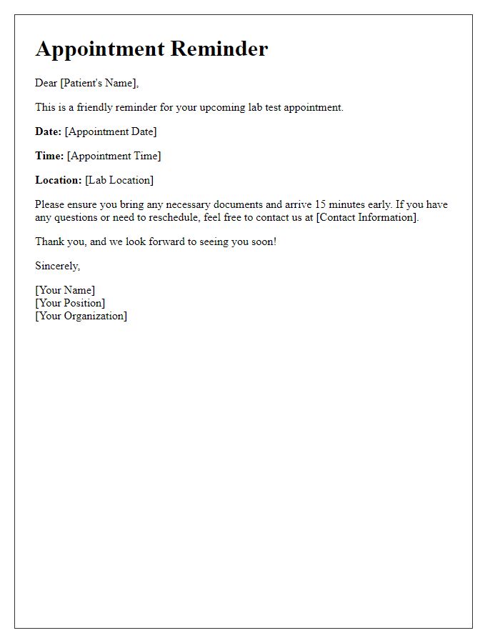 Letter template of lab test appointment reminder for patients