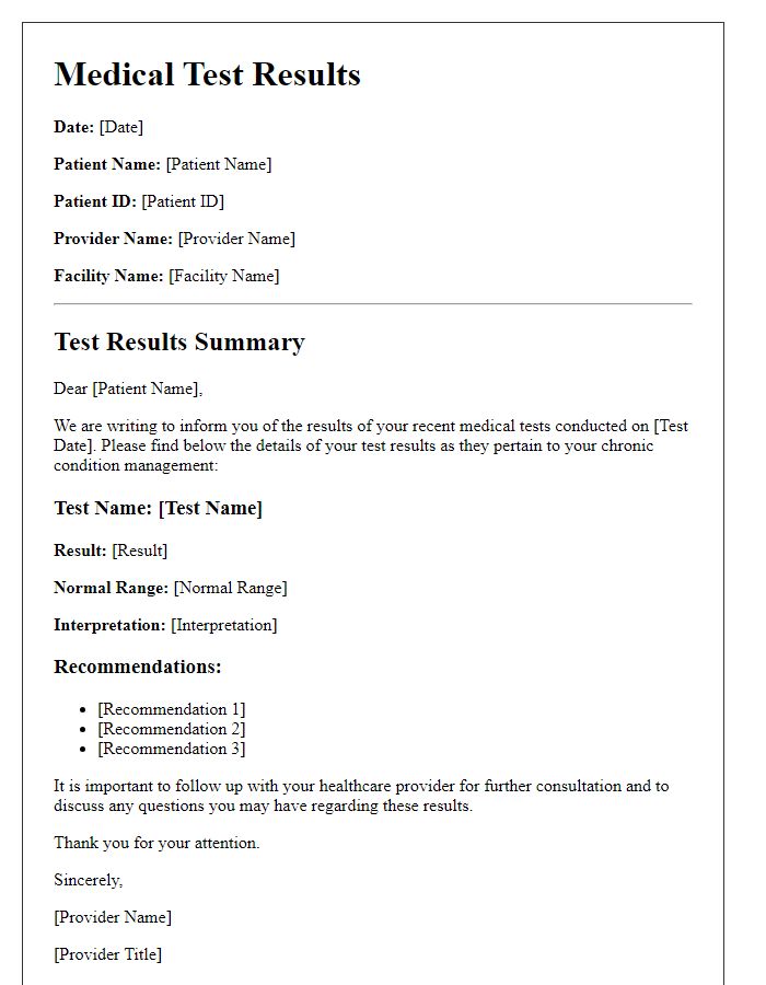 Letter template of medical test results for chronic condition management