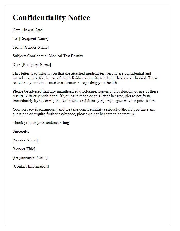 Letter template of medical test results confidentiality notice