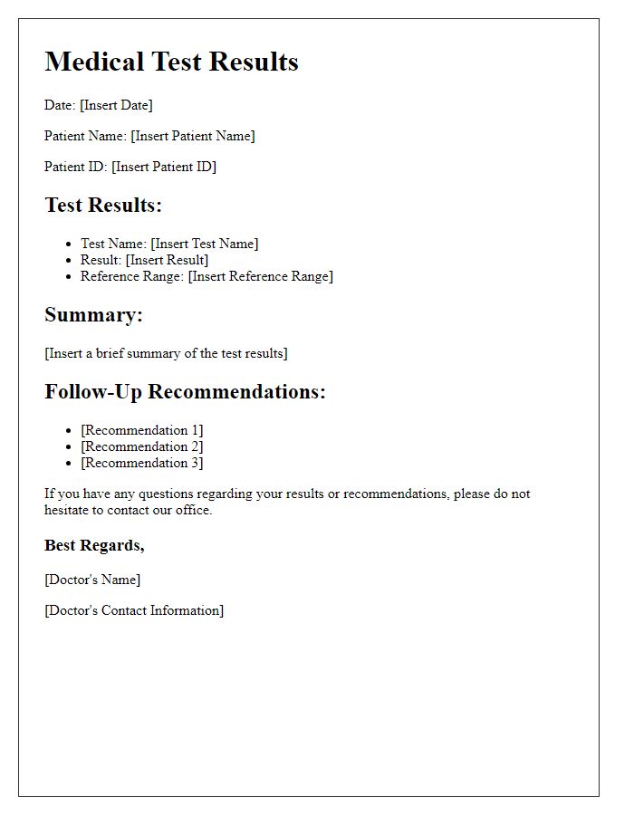 Letter template of medical test results with follow-up recommendations