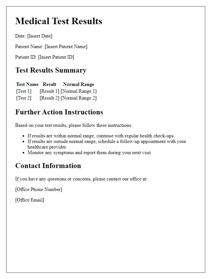 Letter template of medical test results with further action instructions