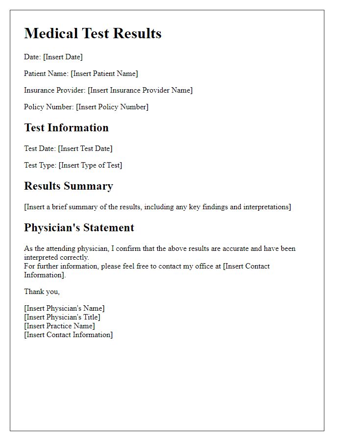 Letter template of medical test results for insurance purposes