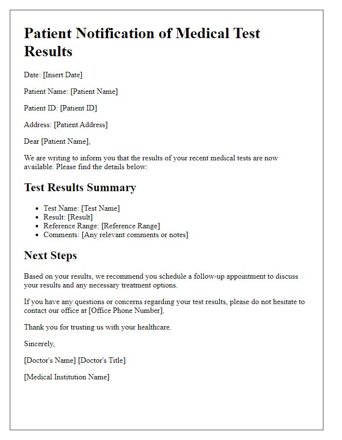 Letter template of medical test results for patient notification