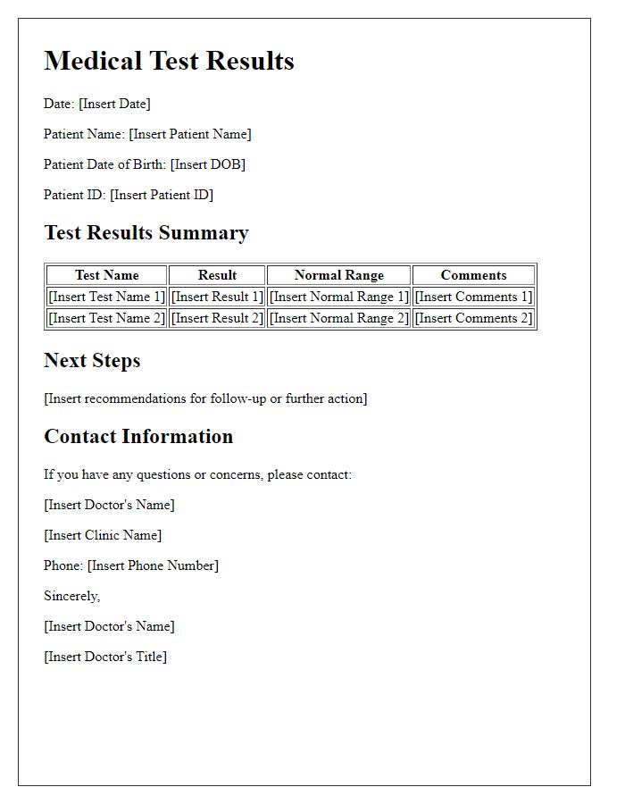 Letter template of medical test results for pediatric patients