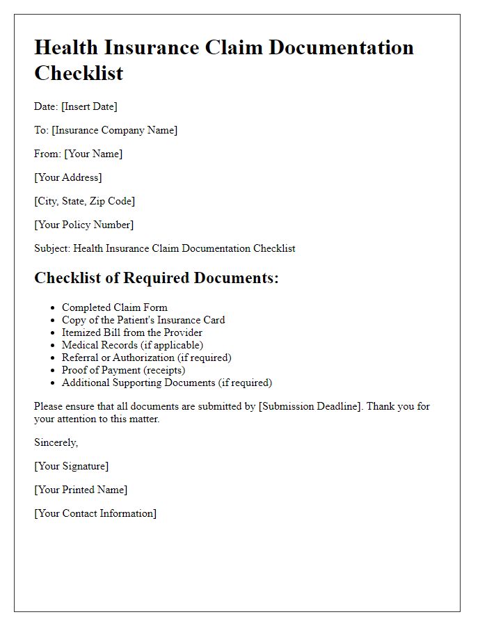 Letter template of health insurance claim documentation checklist.