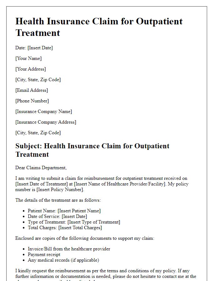 Letter template of health insurance claim for outpatient treatment.