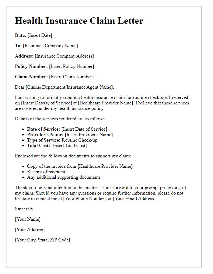 Letter template of health insurance claim for routine check-ups.