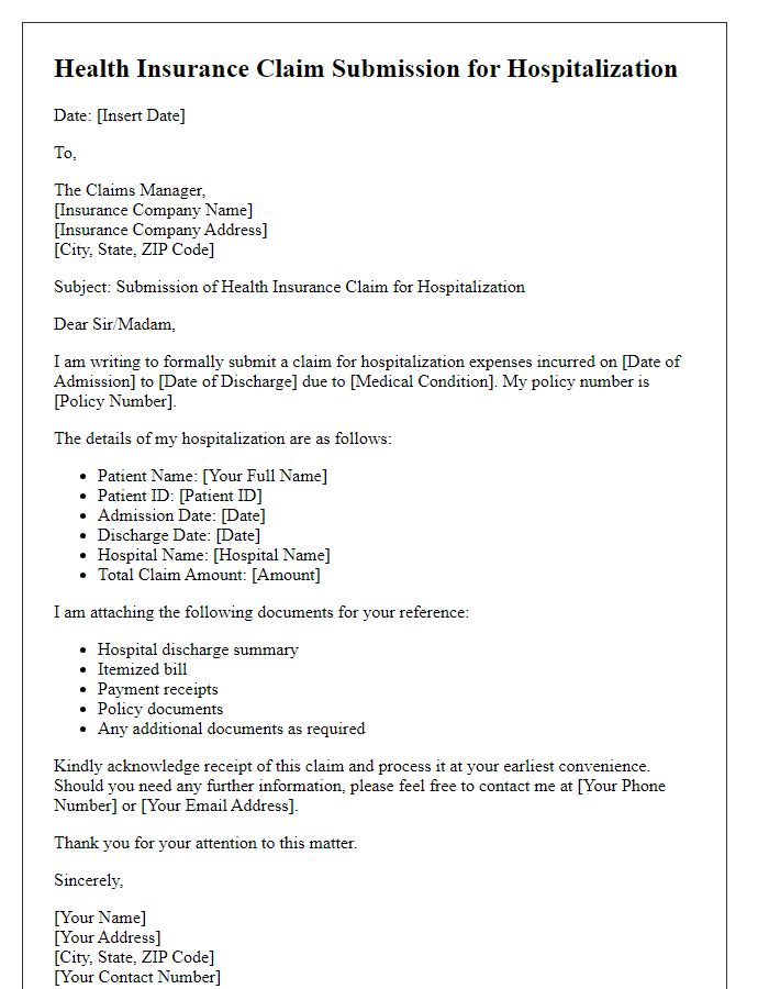 Letter template of health insurance claim submission for hospitalization.