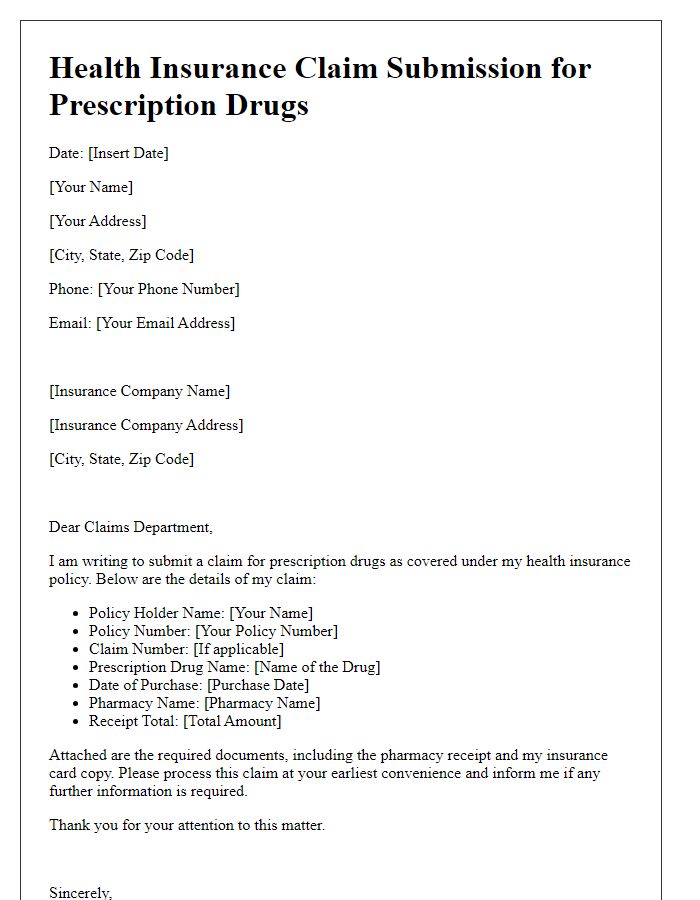 Letter template of health insurance claim submission for prescription drugs.