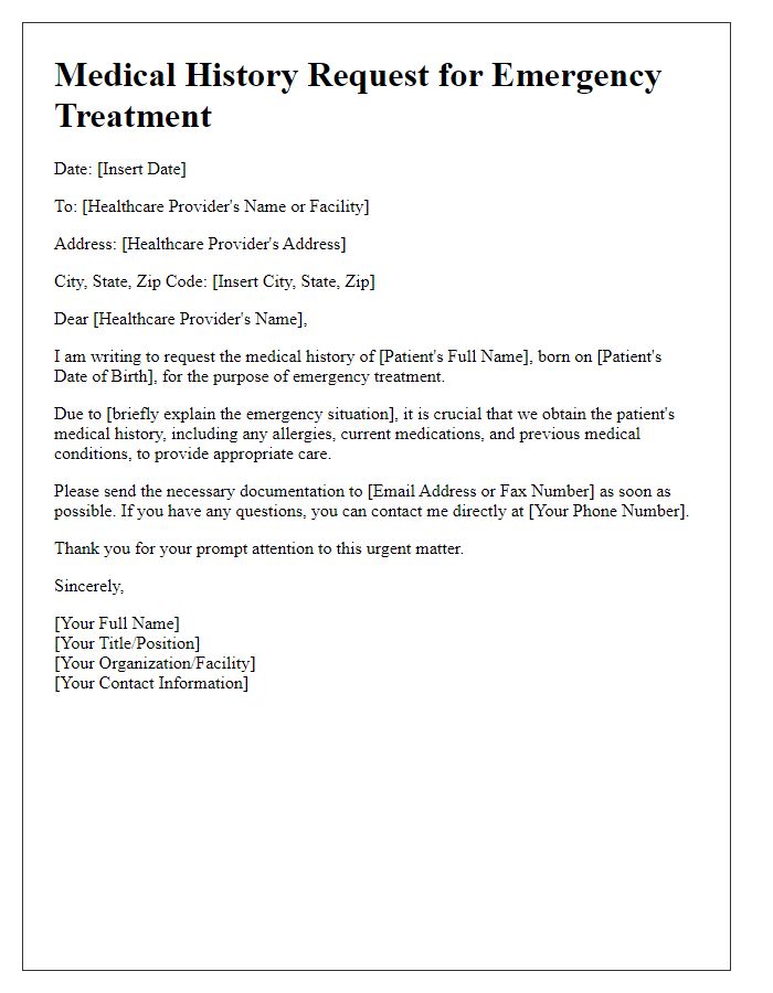 Letter template of medical history request for emergency treatment.