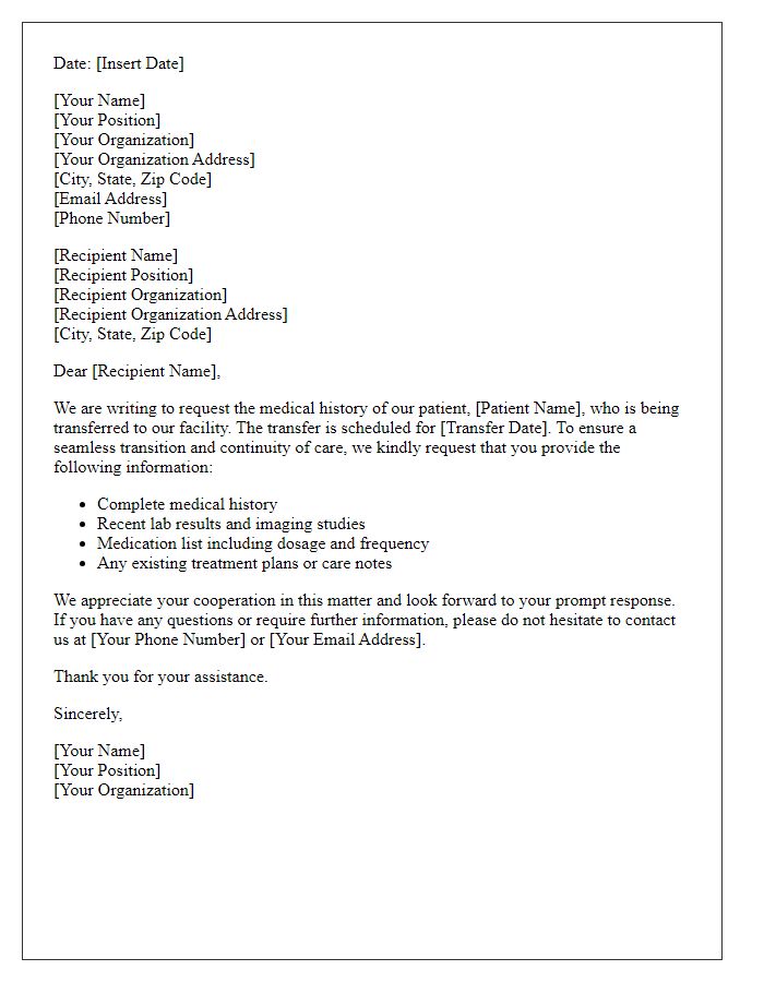 Letter template of medical history request for patient transfer.