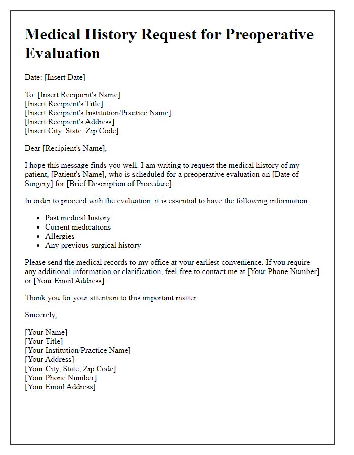 Letter template of medical history request for preoperative evaluation.