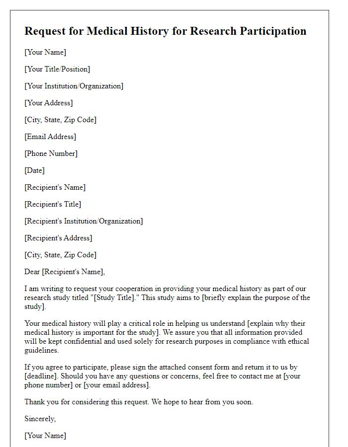 Letter template of medical history request for research participation.