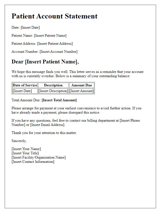 Letter template of overdue patient account statement