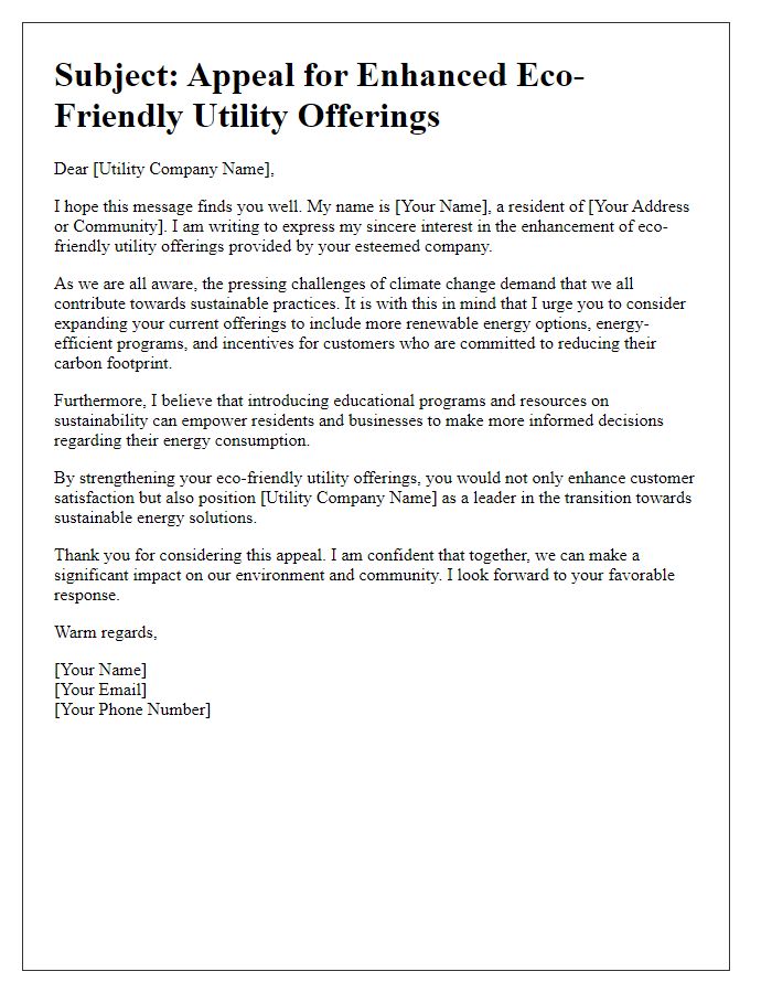 Letter template of appeal for enhanced eco-friendly utility offerings