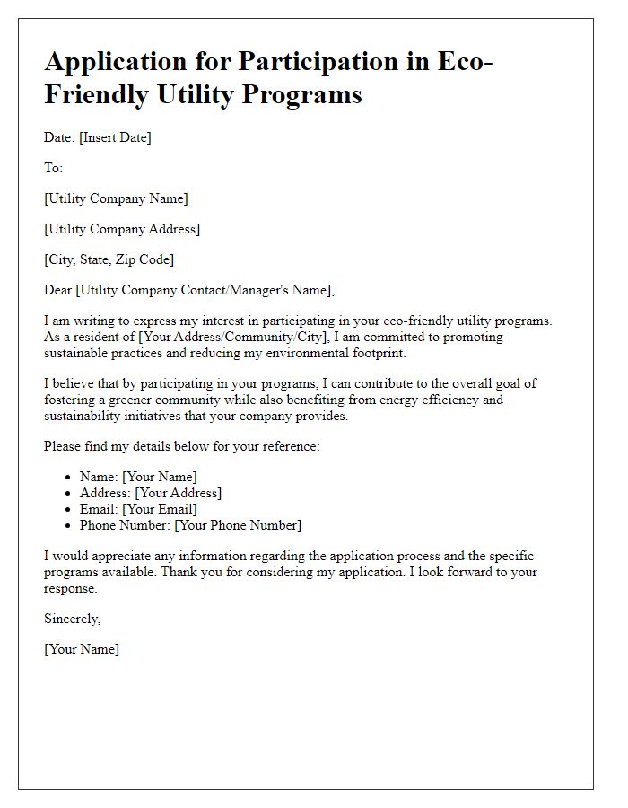 Letter template of application for eco-friendly utility programs participation