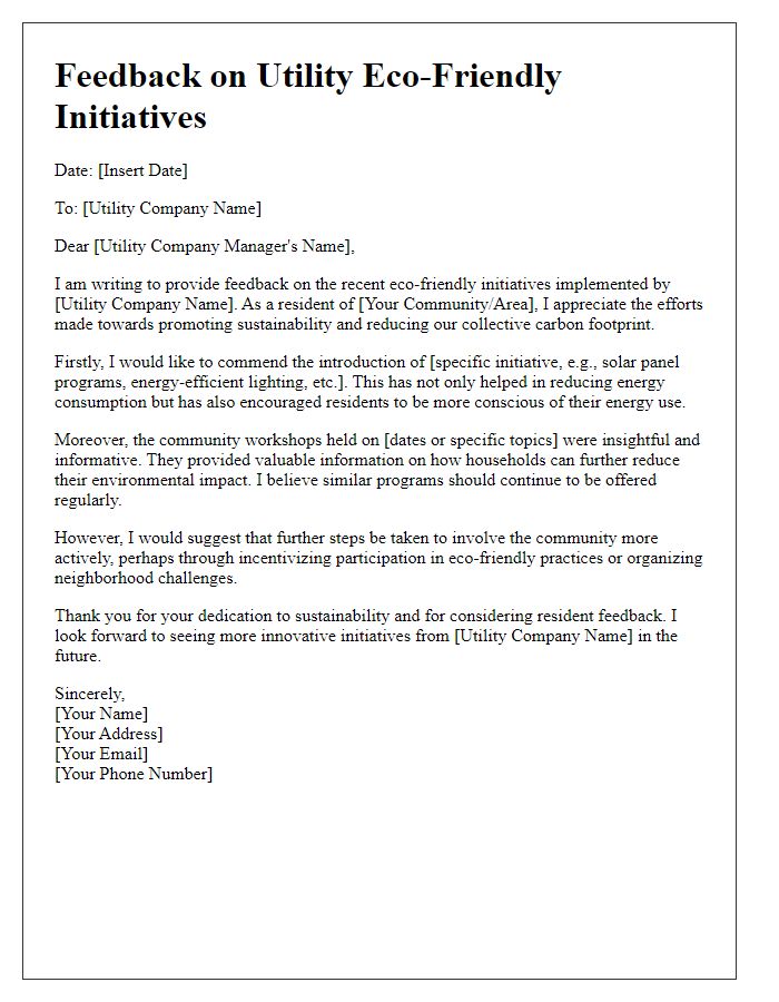 Letter template of feedback on utility eco-friendly initiatives