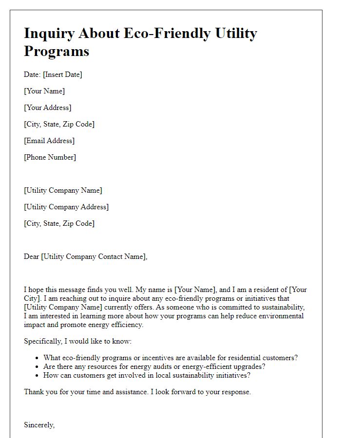 Letter template of inquiry about utility eco-friendly programs