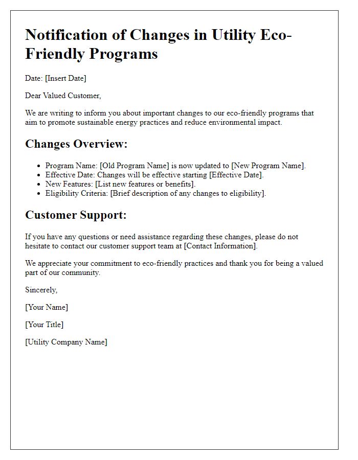 Letter template of notification of changes in utility eco-friendly programs