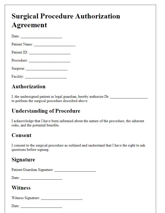 Letter template of surgical procedure authorization agreement for major surgeries