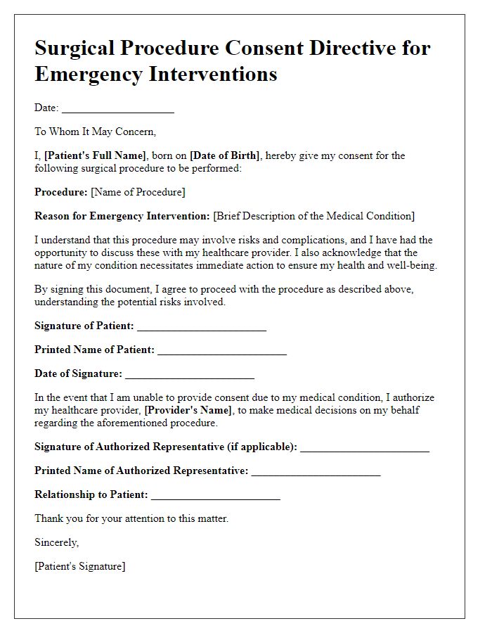 Letter template of surgical procedure consent directive for emergency interventions