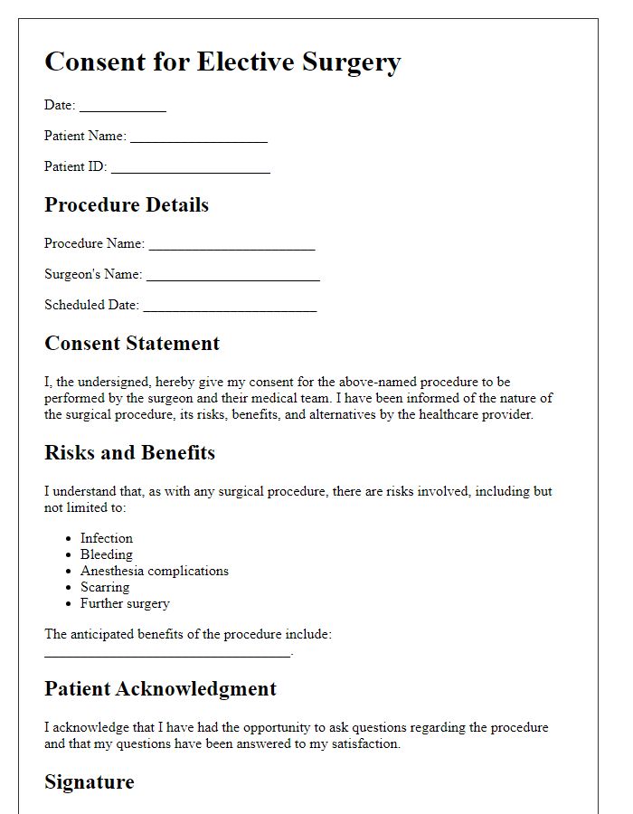 Letter template of surgical procedure consent form for elective surgery