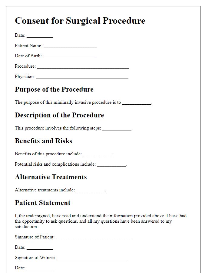 Letter template of surgical procedure consent letter for minimally invasive techniques