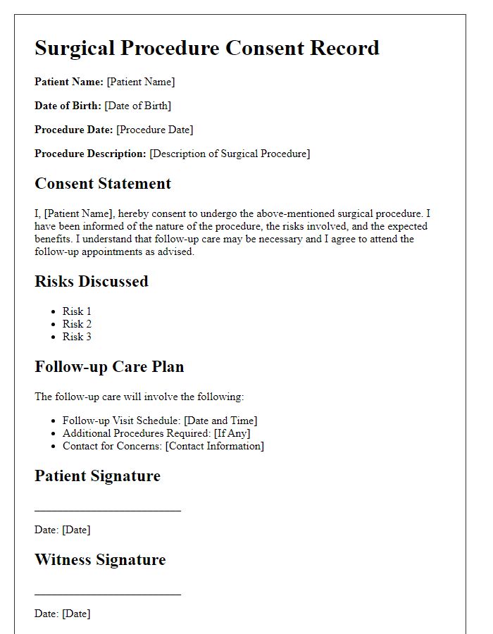 Letter template of surgical procedure consent record for follow-up care and procedures