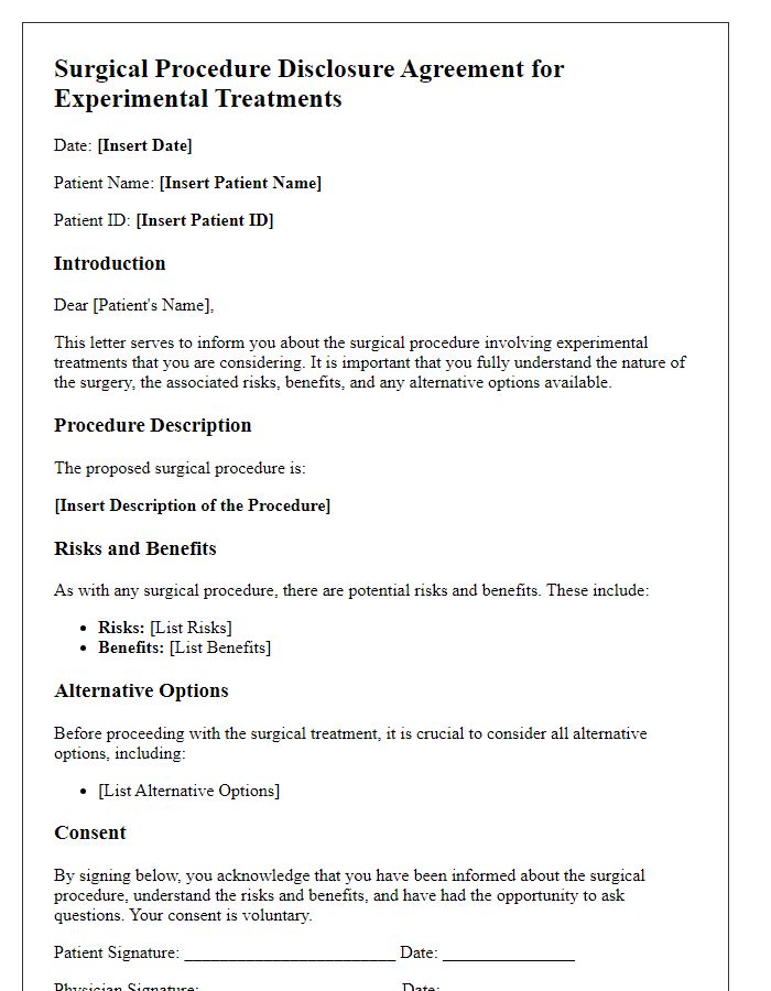 Letter template of surgical procedure disclosure agreement for experimental treatments